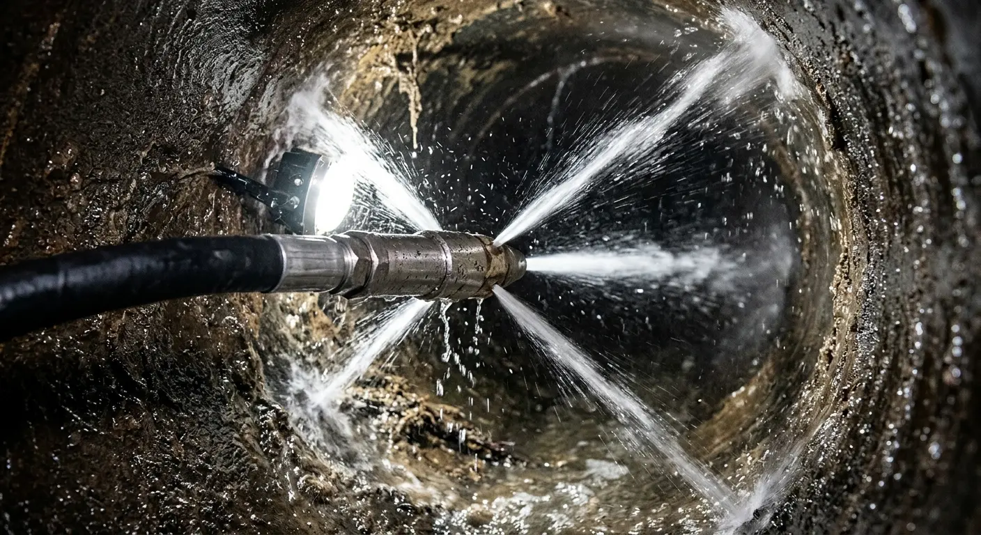 High-pressure hydro jetting nozzle cleaning sewer pipe for Emergency Drain Service in Southgate