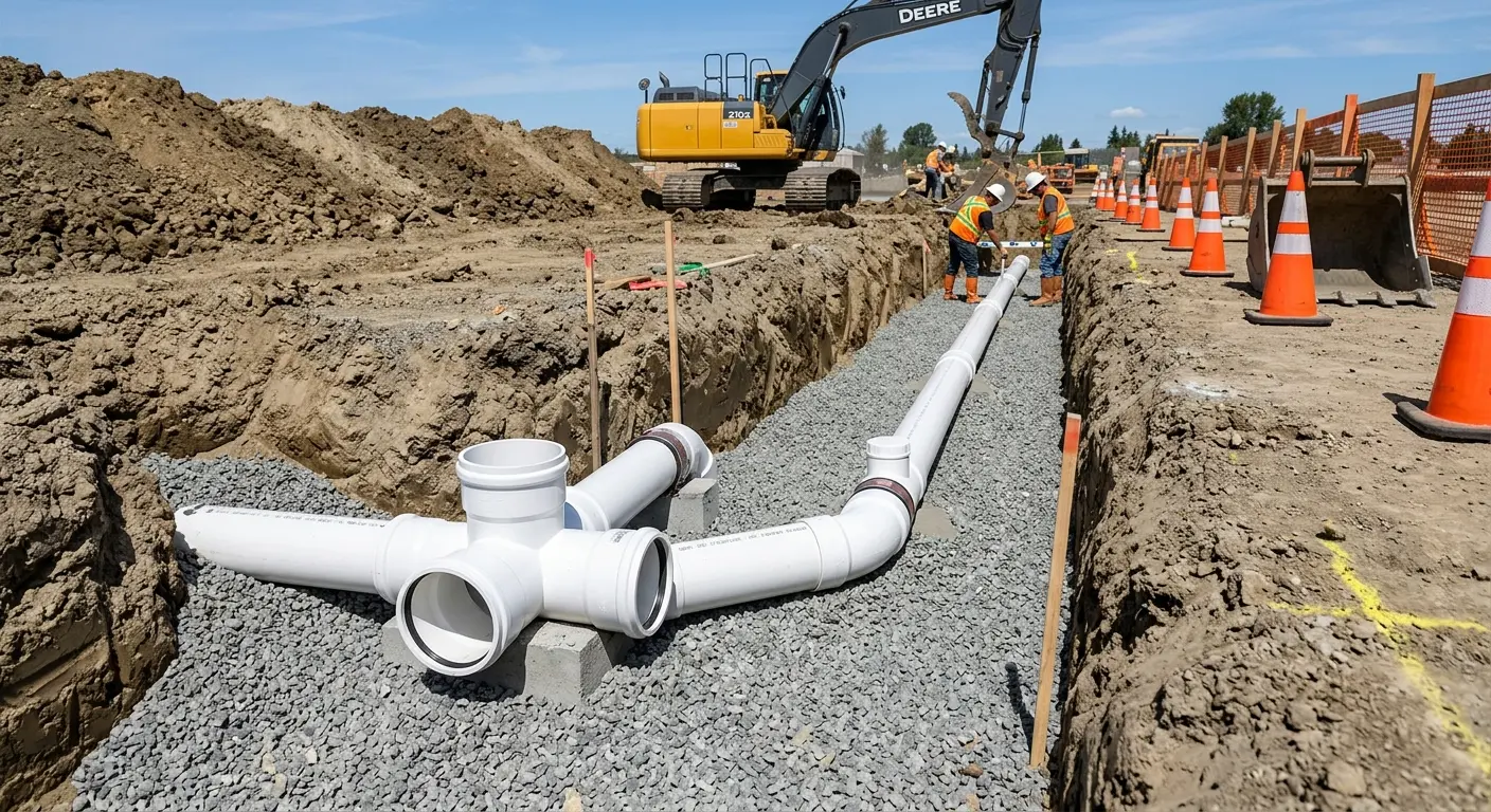 New PVC sewer pipe installation in open trench for Commercial Drain Cleaning in Southgate