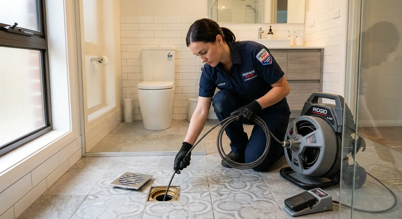 Technician clearing a bathroom floor drain for Drain Repair in Southgate